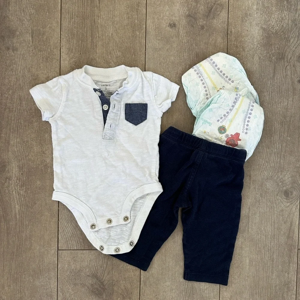 Carters 3 month baby boy matching outfit set and 2 pamper size 1 diapers - Picture 2 of 7